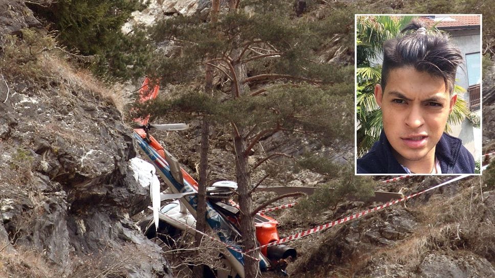 L’elicottero caduto e, nel riquadro, la vittima Thomas Diaz Ledesma