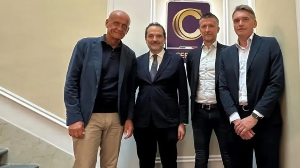 Da sinistra Pierluigi Collina, Matteo Marani, Daniele Orsato e Massimiliano Irrati alla presentazione ufficiale del F.V.S in Lega Pro