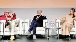 Da sinistra Andrea Petrini (global writer), Moreno Cedroni e Mariella Organi del ristorante stellato Madonnina del Pescatore a Sinigaglia sul palco di Ristorexpo