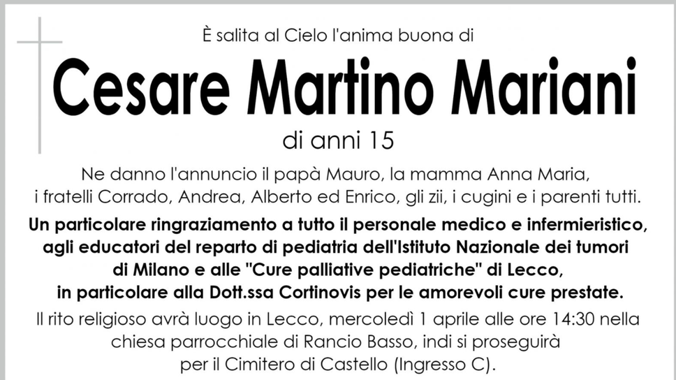Lecco piange Cesare Mariani, scomparso a soli 15 anni
